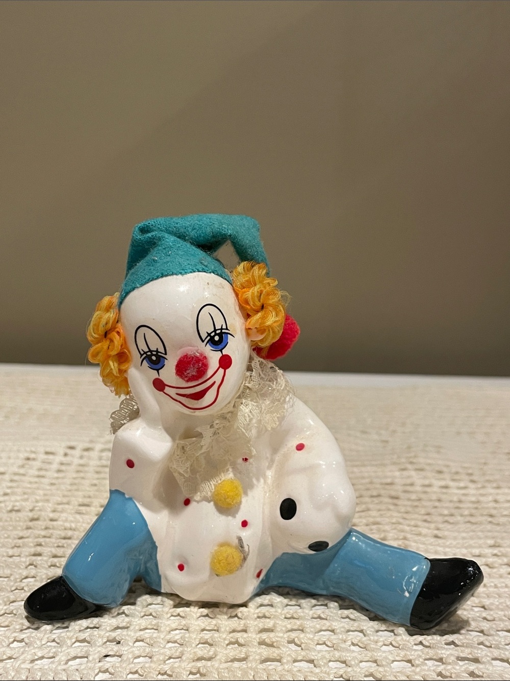 Colorful Ceramic Clown Figurine with Teal Hat